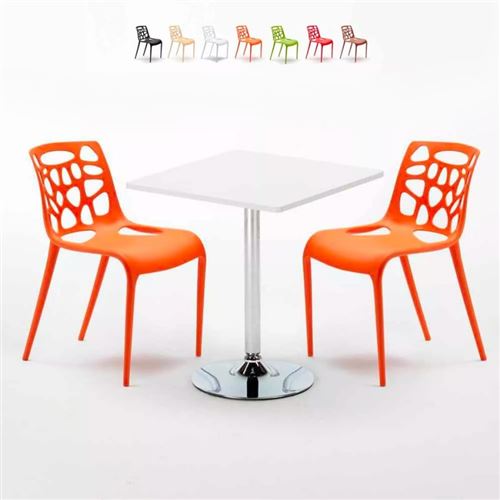 Table Carrée Blanche 70x70cm Avec 2 Chaises Colorées Set Intérieur Bar Café Gelateria Cocktail, Couleur: Orange