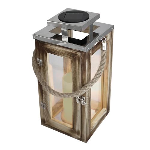 Lanterne solaire chic en bois naturel et inox poignée en corde LED blanc chaud OAKY H41cm