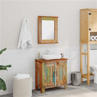 Ensemble meuble sous vasque et miroir en bois massif recyclé - 1