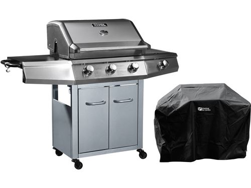 Barbecue Gaz ""Bingo 4"" - 4 br&ucirc;leurs dont 1 lat&eacute;ral - 14kW + Housse protection - Argent&eacute;