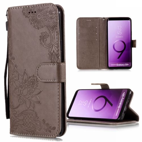 Galaxy S9+ Housse Etui Cuir Pu Fleurs Relief Gris Als88942