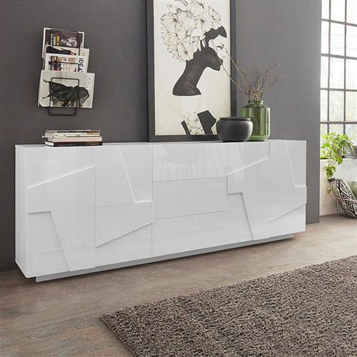 Meuble Buffet Design Salon 4 Portes 3 Tiroirs 220cm Blanc Brillant Ping Wide
