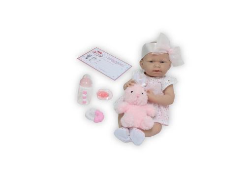 Berenguer - All-Vinyl La Newborn Doll in White Eyelet Dress with Bunny. REAL GIRL!