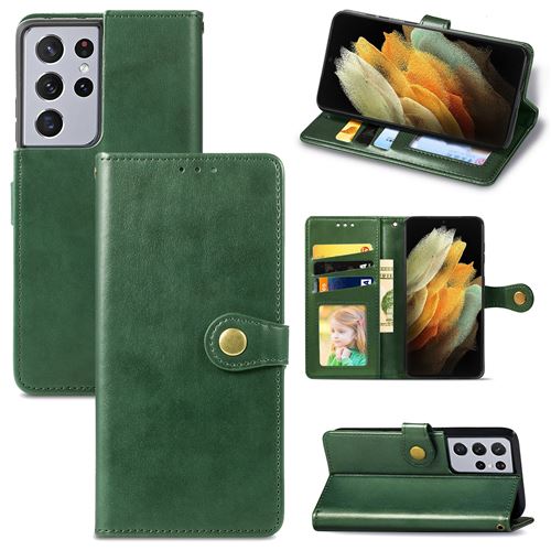 MPFRANCE Housse pour Samsung Galaxy S21 Ultra Vert [Porte Carte, etui portefeuille, boucle]
