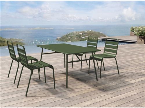 Salle à manger de jardin en métal - une table L.160 cm et 4 chaises empilables - Kaki - MIRMANDE de MYLIA