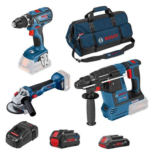 Pack 3 outils - Visseuse + Meuleuse + Perforateur -BOSCH Professional - avec une batteries 18v 8.0AH et une 18V 4.0Ah - Chargeur - sac de transport - 