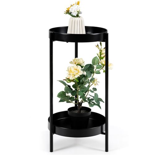 Colonne à plantes giantex noir en métal supports de pots de fleurs avec 2 tablettes amovibles pour pot 25cm charge 15kg maison jardin