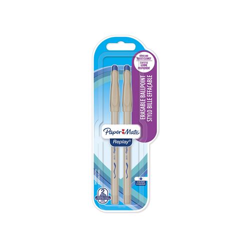 Paper Mate Replay - 2 Stylos bille gommable - Bleu - Pointe moyenne 1.0mm - sous blister