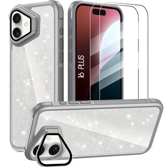 Coque et 2 Verres Trempés pour iPhone 16 Plus, Protection à Paillettes Antichoc avec Protection Caméra - Gris - BOOLING - 1