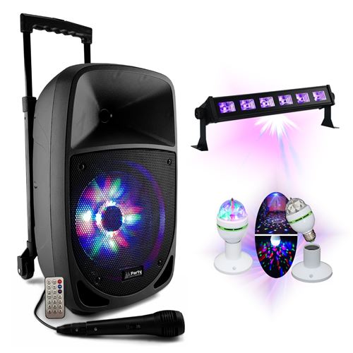 Enceinte Autonome nomade batterie Karaoké Bluetooth USB Tuner 300W  PARTY-8LED - Jeu Astro MAGIC-LIGHT-MICRO-S - Barre LED UV 6x3W, Enceintes,  baffle et amplis DJ, Top Prix