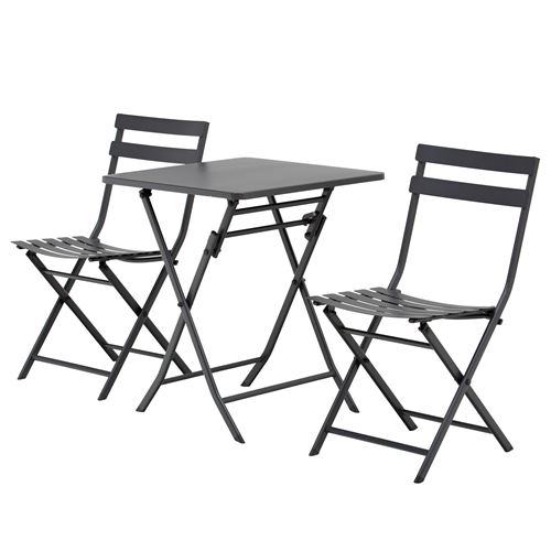 Salon de jardin bistro pliable - table carrée dim. 60L x 60l x 71H cm avec 2 chaises - métal thermolaqué gris