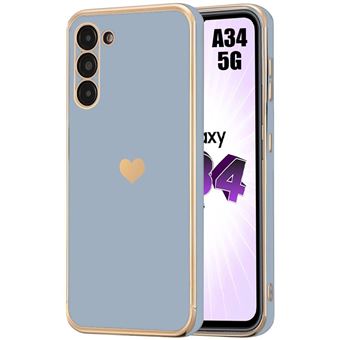 Coque pour Samsung Galaxy A34 5G, Coque en Silicone Liquide avec Motif Plaqué d’Amour Cœur Doré, Protection Antichoc, Bleu - 1