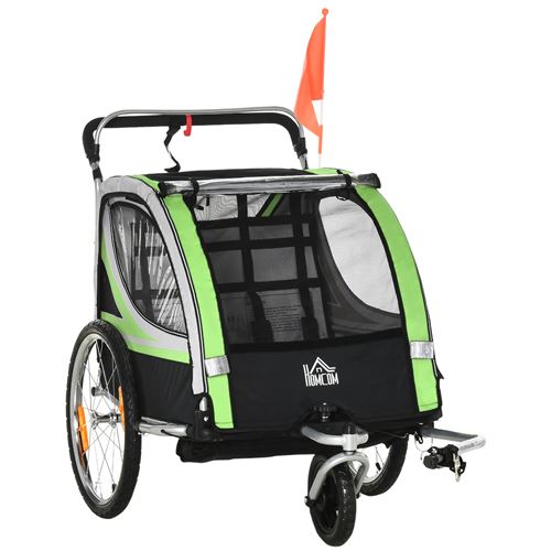 Remorque vélo jogger 2 en 1 pour enfant drapeau roue avant pivotante réflecteurs et barre d'attelage inclus vert noir