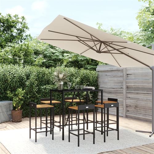 Vidaxl Ensemble De Bar Jardin 7 Pcs Noir Poly Rotin/Bois Massif Acacia
