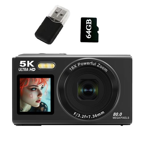 Appareil Photo Num&eacute;rique Compact 5K - Zoom 18X + 80MP + Ecran IPS 2,8"" + Carte 64GB - Noir