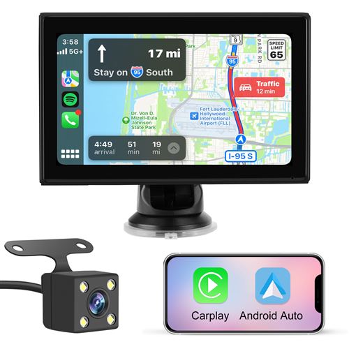 Carplay Voiture avec Carplay sans Fil Android Auto,7 Pouces Ecran Tactile, avec Bluetooth/GPS/FM/AUX/Lien Miroir/Caméra de recul