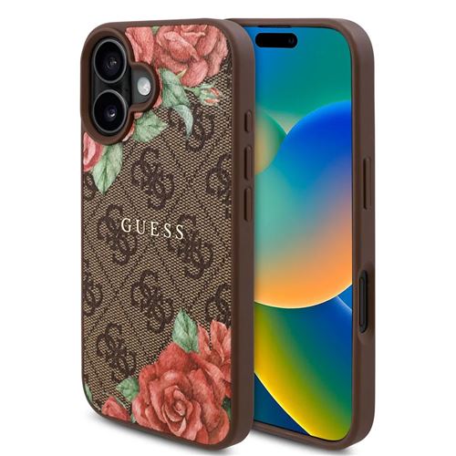 Coque pour iPhone 16 - Guess Hardcase 4G Flower Print Flower Print MagSafe (GUHMP16SP4ROPEMCW) - Marron