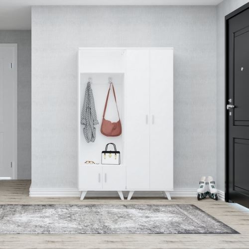 HOMEMANIA Meuble d’Entrée Turkuaz - Meuble Porte-Manteau, Armoire, Étagère à Chaussures - avec Portes, Étagères, Crochets - Blanc en Bois, Plastique, Métal, 60 x 35 x 194 cm
