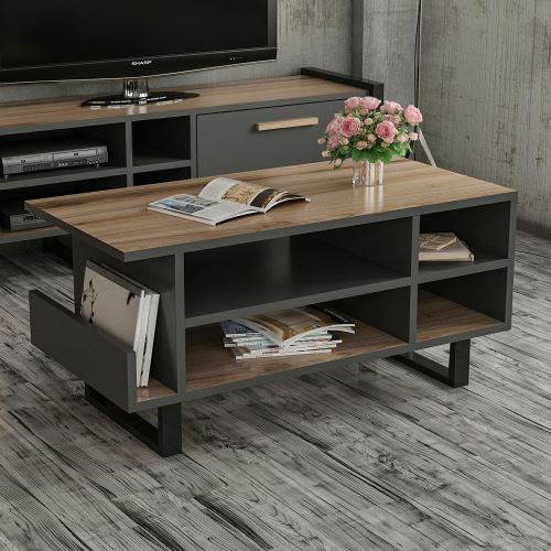 HOMEMANIA Leno Koffietafel- Ruimtebesparend - met planken - van woonkamer - Walnoot, Antraciet, Zwart in hout, Metaal, 90 x 45 x 43 cm