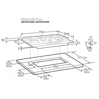 Scholtès SOTG1730B - Table de cuisson au gaz - 5 plaques de cuisson - Niche - largeur : 56 cm - profondeur : 48 cm - noir