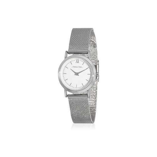 Montre Femme Andreas Osten Mouvement Quartz Cadran Blanc 26mm Et Bracelet Argenté En Maille AO-200