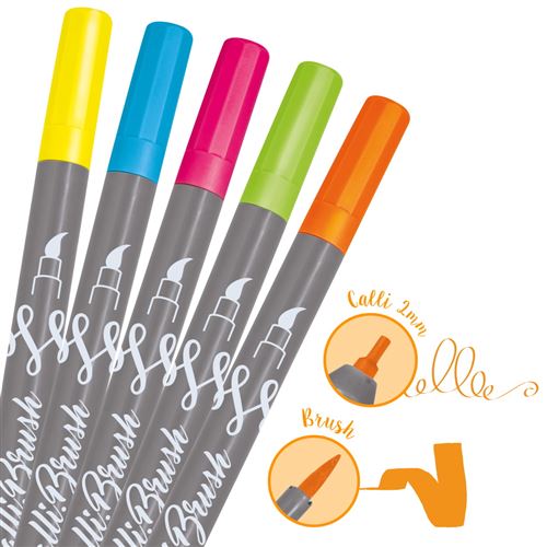 5 Stylos-Pinceaux 1 Pointe de Calligraphie et Pointe Pinceau - Couleurs Néon
