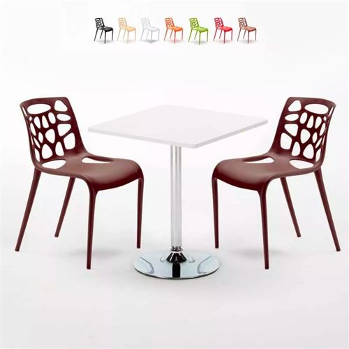 Table Carrée Blanche 70x70cm Avec 2 Chaises Colorées Set Intérieur Bar Café Gelateria Cocktail, Couleur: Marron