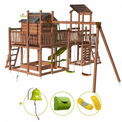 Aire de jeux pour enfant maisonnette avec mur d'escalade et corde à grimper - COTTAGE CRAZY et son kit d'accessoire MAISON