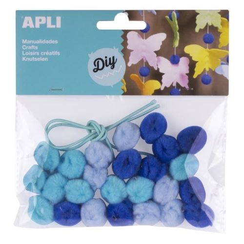 Apli sachet de 25 pompons - bleu + cordon 014796