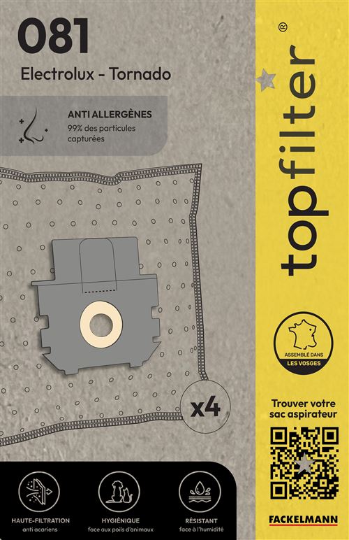Lot de 4 sacs aspirateur Electrolux et Tornado TopFilter Premium ref 64081