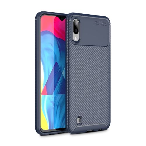 Coque en TPU antichoc en fibre de carbone bleu pour votre Samsung Galaxy M10