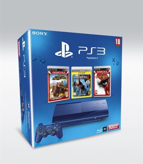 Console PS3 Bleue Ultra Slim 500 Go Sony + MotorStorm Pacific Rift Essentials + Uncharted 2 Platinum + God of War 3 Essentials – Console Playstation 3 bleue Ultra slim Sony