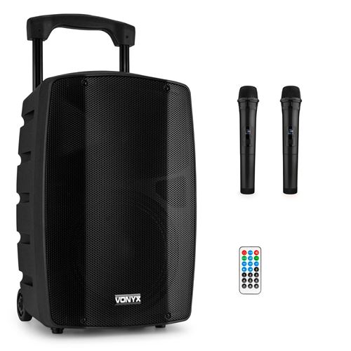 Vonyx Vsp200 Enceinte Sono Portable 200 Watts, Enceinte Active Bi-Amplifiée, 2 Micros Sans Fil, Poignées Et Roulettes De Transport