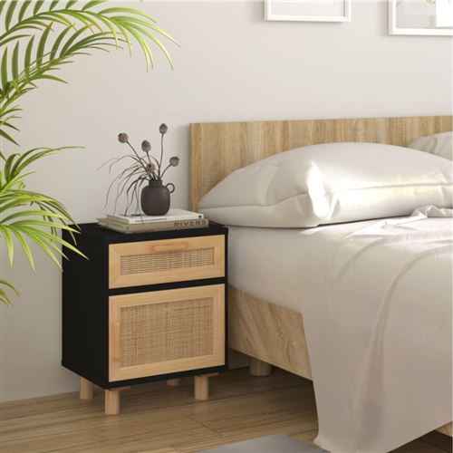 Vidaxl Noir Table De Chevet Bois De Pin Massif Et Rotin Naturel - Image 3
