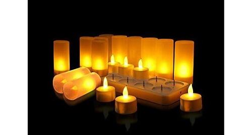 Qsportpeak lot de 12 bougie led rechargeable bougies à électrique led flamme vacillante avec station de charge décoration pour noël anniversaire