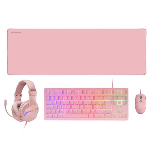 Ensemble Mars Gaming MCP-RGB3 Combo, Clavier FRGB, Souris RGB Flow 3200 DPI, Casque RGB et Tapis de souris XXL, Rose, Langue Français