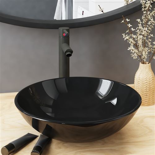 Lavandino Bagno Con Rubinetto E Piletta In Vetro Temperato Nero Vidaxl