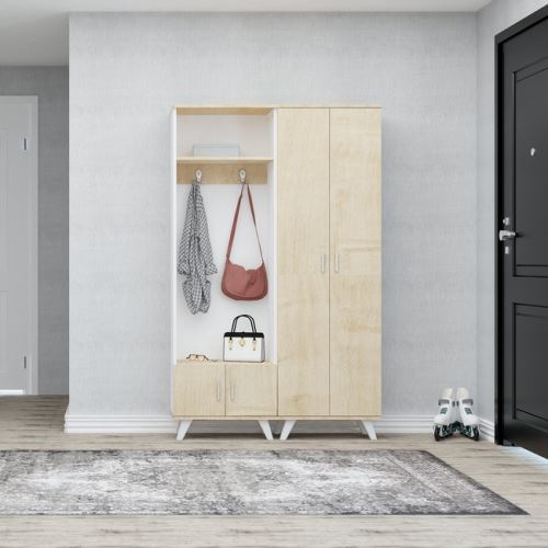 HOMEMANIA Meuble d’Entrée Turkuaz - Meuble Porte-Manteau, Armoire, Étagère à Chaussures - avec Portes, Étagères, Crochets - Chêne, Blanc en Bois, 60 x 35 x 194 cm