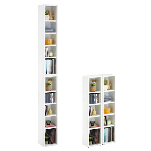 Etagères modulables MUSIQUE pour CD et DVD, lot de 2 meubles de rangement en colonne avec 10 compartiments, en mélaminé blanc mat