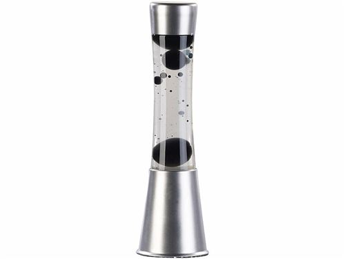 Lampe à lave en verre et aluminium - Bulles noires & liquide transparent