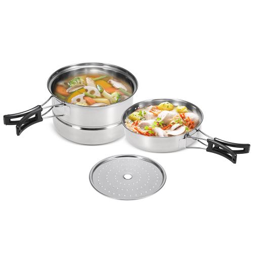 3pcs camping batterie de cuisine mis en acier inoxydable casserole cuire à la vapeur rack extérieur cuisine maison cuisine se-1