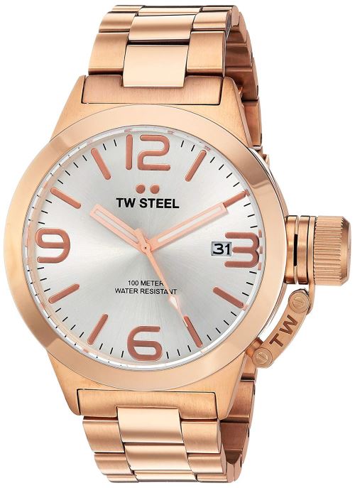 TW Acier Canteen Mixte Montre à Quartz avec Cadran argenté, Affichage analogique et Bracelet en Acier Inoxydable plaqué Or Rose Or Rose