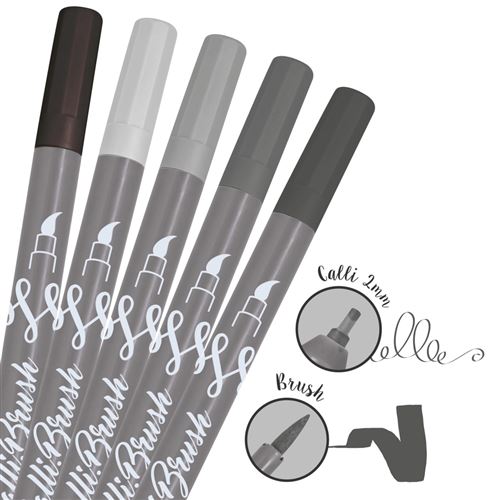 5 Stylos-Pinceaux 1 Pointe de Calligraphie et Pointe Pinceau - Camaieu Gris