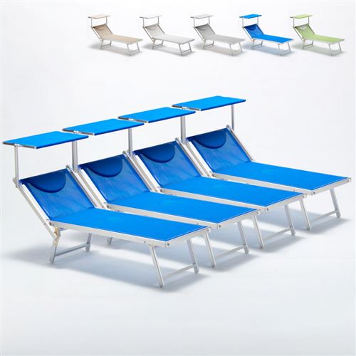 Beach and Garden Design - Bain de soleil professionnels lits de plage transats aluminium Italia 4 pièces, Couleur: Bleu