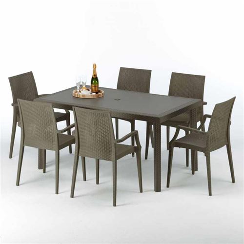 Table rectangulaire 6 chaises Poly rotin resine 150x90 marron Focus, Chaises Modèle: Bistrot Arm Marron Moka