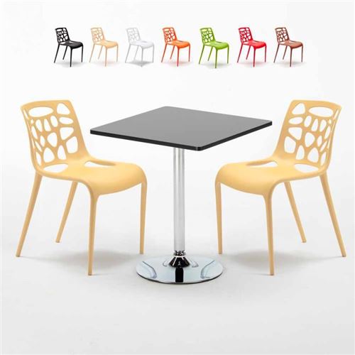 Table Carrée Noire 70x70cm Avec 2 Chaises Colorées Set Intérieur Bar Café Gelateria Mojito, Couleur: Beige