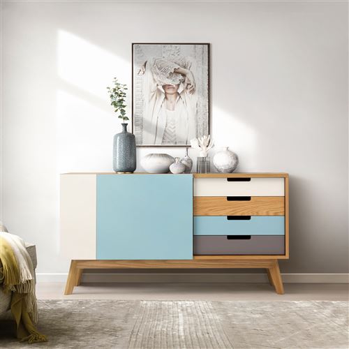 Paris Prix - Buffet 4 Tiroirs 5 Niches chaser 135cm Chêne & Bleu