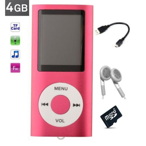 Lecteur MP3 MP4 - radio fm - à carte mémoire Micro sd - Rouge + carte 4 Go
