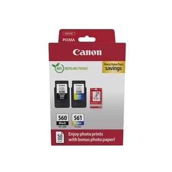 Canon PG-560/CL-561 Photo Value Pack - Brillant - pack de 2 - noir, couleur (cyan, magenta, jaune) - original - boîte de suspension - jeu de papier / cartouche d'encre - pour PIXMA TS5350, TS5350a, TS5350i, TS5351, TS5351a
