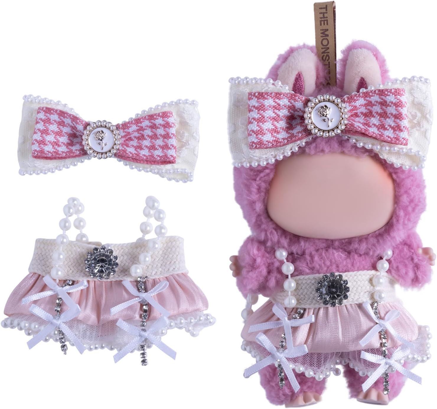 NHQZ Ensemble Vêtements Pour Poupée Labubu 17 Cm – Bandeau + Barboteuse Dentelle Rose – Sans Poupée – Facile à Enfiler